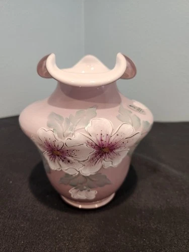 FENTON 2001 "MUSEUM COLLECTION" VIOLET INLAYED PLEATED VASE w FLORAL DESIGN