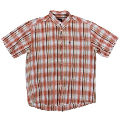Engbers Coral Plaid Button Shirt Textured Cotton Short Sleeve XL Men s