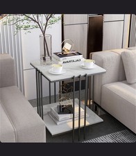 Modern 2 Tier Marble Side Table Square Coffee Table Black Metal Frame Living Roo