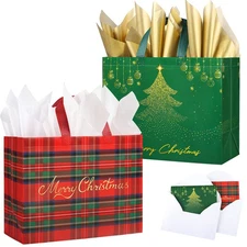 2 Pack 13" Large Christmas Gift Bags with Tissue Paper, Reusable Non-Woven Ch...