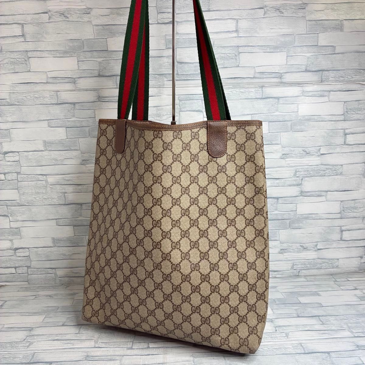 GUCCI GG Tote Bag Beige PVC Green Red Web Vintage Style Japan F/S USED thumbnail 11