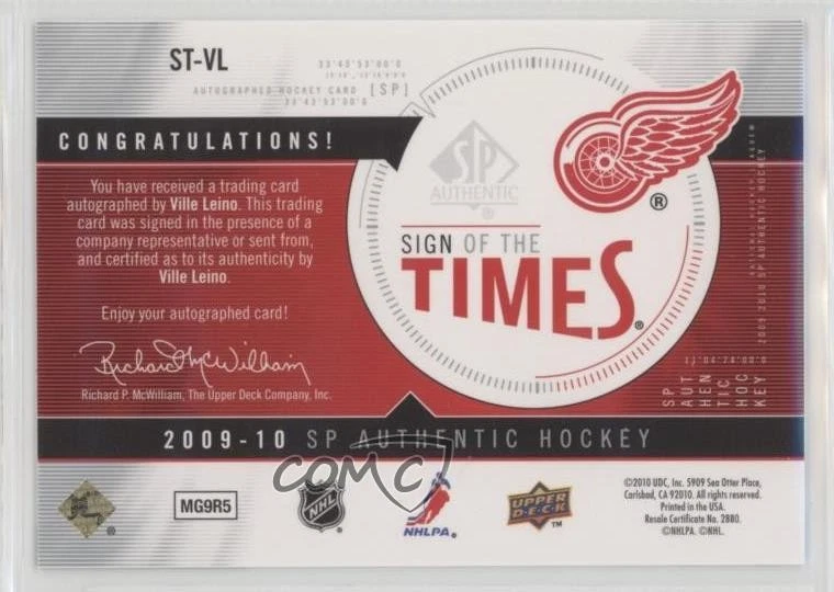 2009-10 SP Authentic Sign of the Times Ville Leino #ST-VL Rookie Auto RC - Image 2 of 2