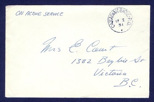 CANADA CANADIAN BASE PO VANCOUVER 1951 KOREA WAR COVER