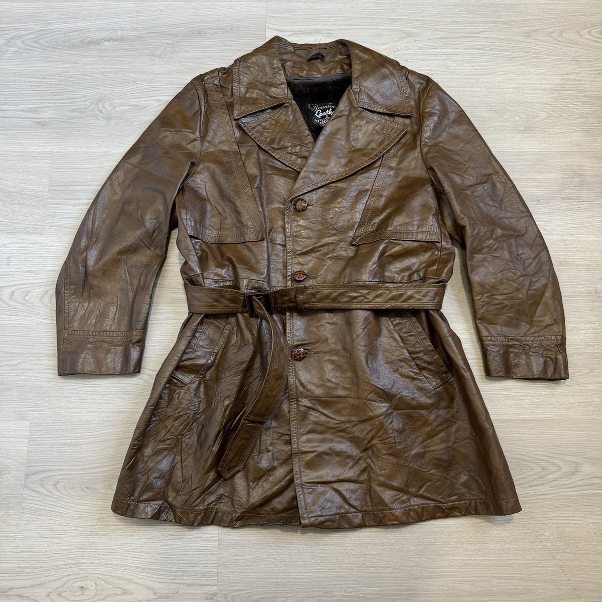 Vintage Grais Genuine Leather Trench Coat Belted Jacket 48