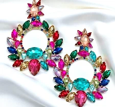 4.75” Long Multicolor Acrylic Crystals Evening Party Clip-On Hoop Earrings