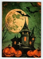 Vintage Halloween Haunted House & Jack-o'-Lanterns Photochrome Postcard