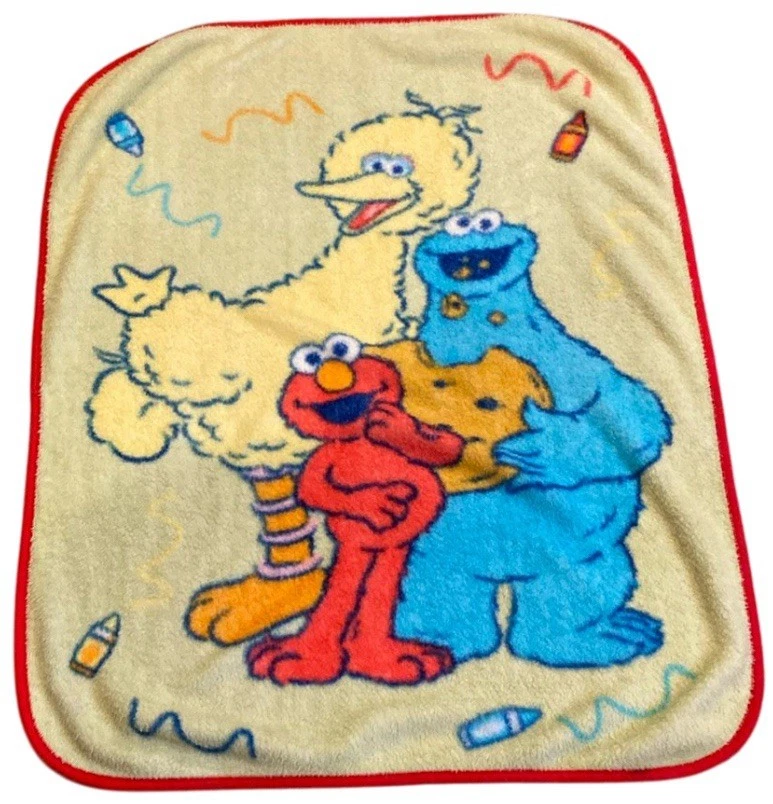VTG. SESAME STREET Acrylic Fleece Big Bird Elmo Cookie Monster Crayons Blanket - Image 2 of 2