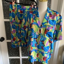 Vtg 2 Piece SK  Company Silk Set Top Skirt Sz 10/12 Colorful Print 80s 90s