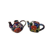 Set Of 2 Miniature Multicolor Cloisonne Style Brass Teapots