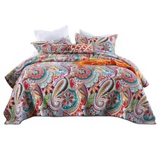 Qucover Cotton Quilt Set, Queen Size, Multicolor Paisley, Boho Style, Soft Li...