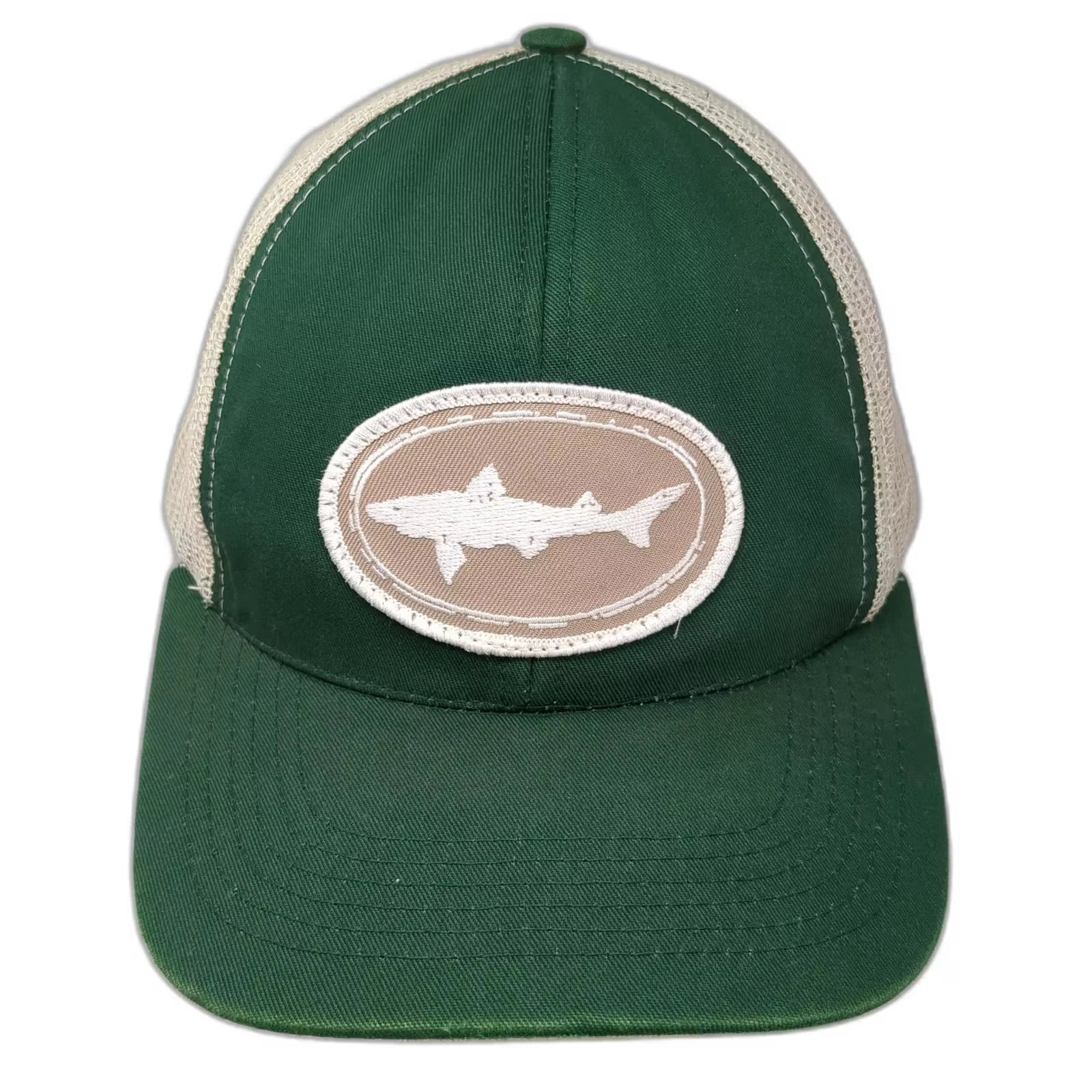 Green Trucker Hat Beige Mesh Shark Patch OS Snapback Adjustable Made in USA