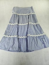 Vintage Blue Tiered Cotton Maxi Peasant Skirt with White Rickrack Trim Cottage