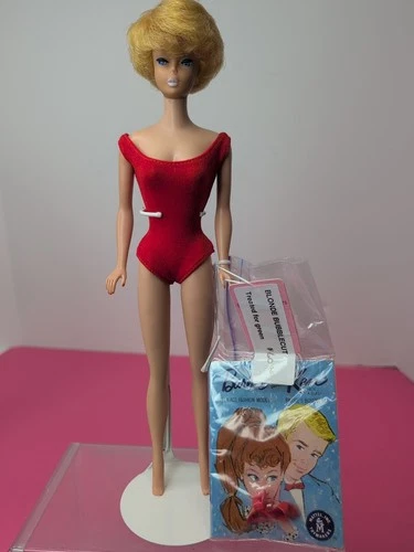 12” Vintage Mattel Barbie Doll 1960's Original Bubble Cut Blonde Red Swimsuit O7
