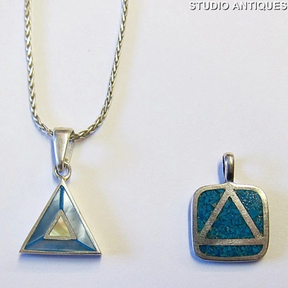 STERLING SILVER NECKLACE Italy 925 TURQUOISE CAU PENDANT Mother Of Pearl MOP - Image 2 of 4