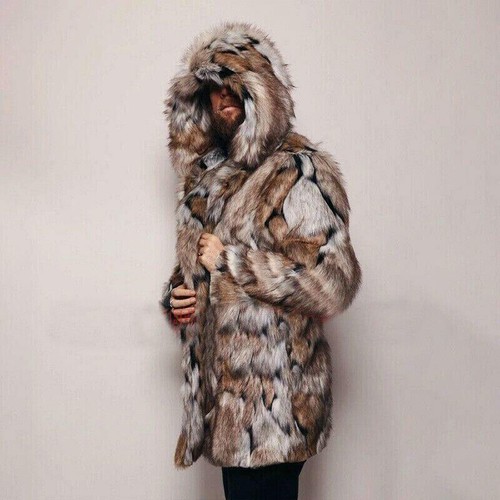 Abrigo con capucha de invierno para hombre Chaqueta de piel de zorro sintética Cálido Prendas exteriores de longitud media - Imagen 6 de 28