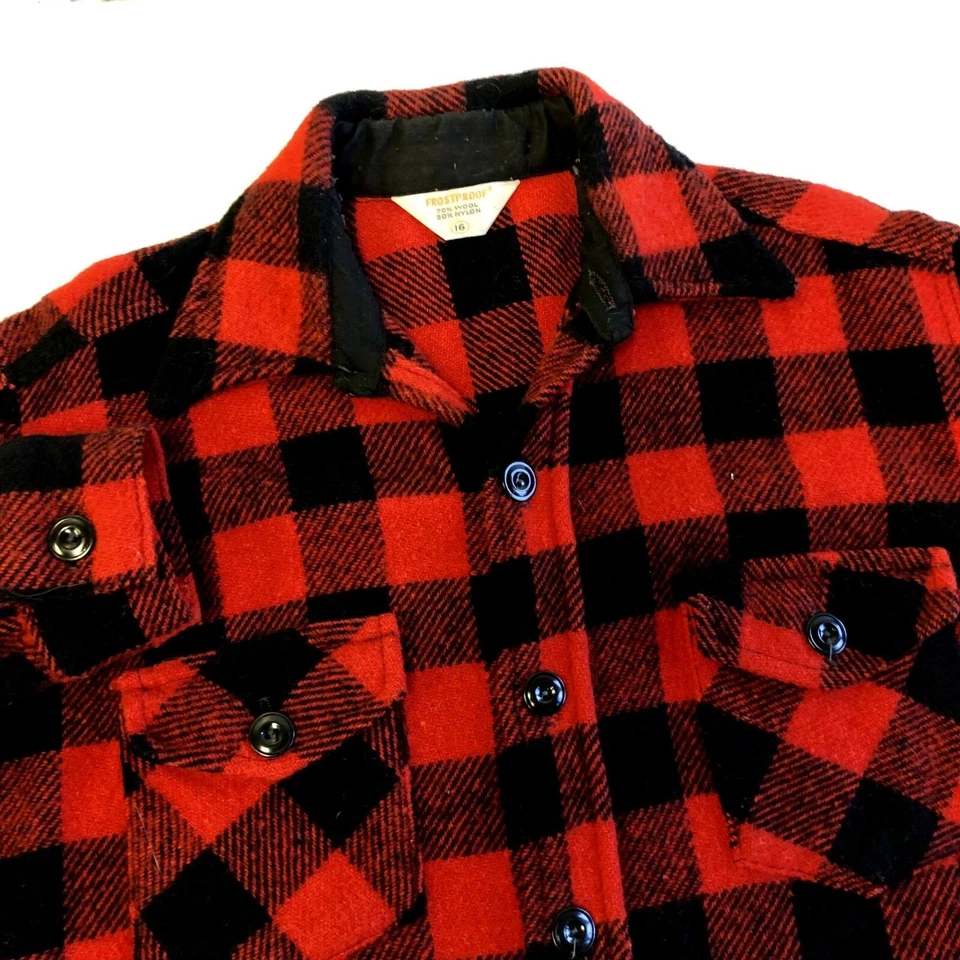 Vtg 60's Frostproof Men's Red BUFFALO Plaid Wool Jacket Hunting Work Shirt 16 - Image 4 of 4