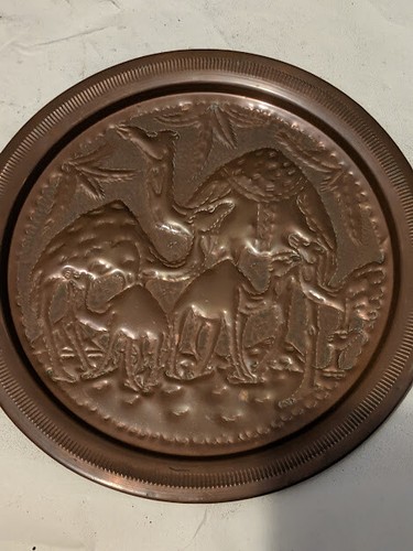 VINTAGE COPPER ARABIC MIDDLE EASTERN ROUND TRAY CAMEL DESIGN 15" - 第 3/12 張圖片
