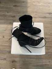 Women's Black Boots Lace Up High Heels Fabric Pleated Party Shoes Size 6