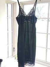 Vintage Union Made Sz 36 Nylon Full Slip Nightgown Dress Lace Bodice Black