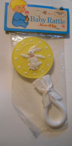 Vintage Baby BUNNY RABBIT Rattle Handle Hard Plastic New Old Stock 5" Hong Kong - Picture 3 of 5