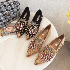 Cherry Rhinestone Studded Beads Pointed Toe Flats Bling Comfy Soft Walking Shoes