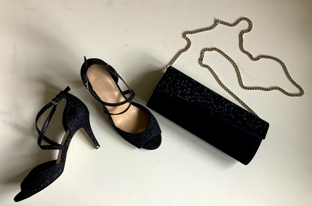 CARVELLA KURT GEIGER NAVY BLUE DIAMANTE HEELS SHOES BAG WEDDING UK 38