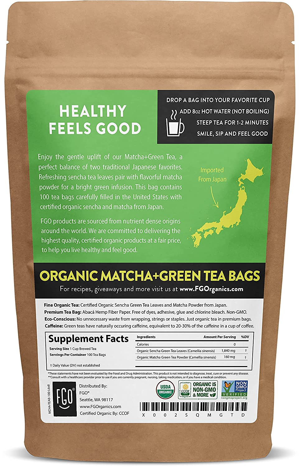 Organic Japanese Matcha + Green Tea Bags | 100 Tea Bags | Eco-Conscious Tea Bags