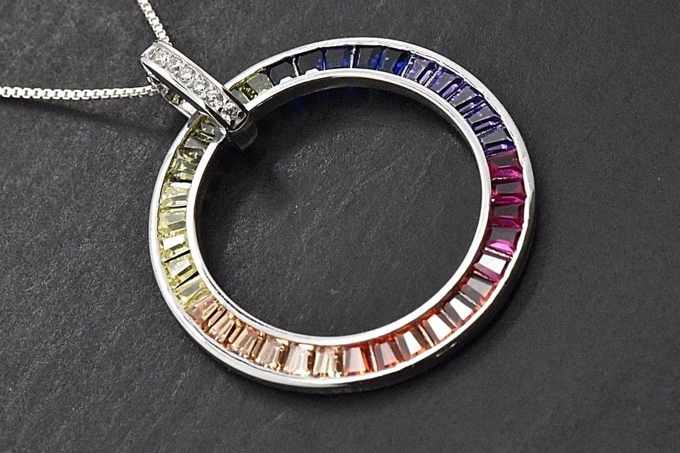 Silver Rainbow Baguette MultiColor Lab Created Sapphire Pendant Circle Necklace - Image 4 of 4