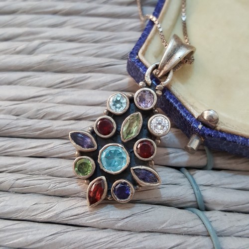Vintage 925 Sterling Silver Necklace, Multigemstones Pendant, Silver Jewellery - Picture 4 of 6