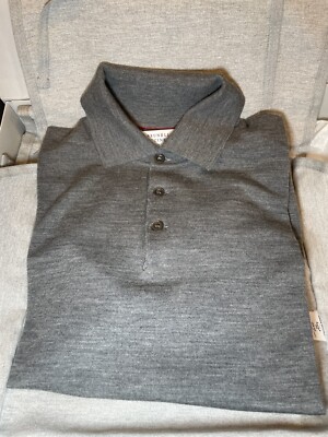Small BRUNELLO CUCINELLI Gray Long Sleeve Wool Cashmere Three Button Polo Shirt
