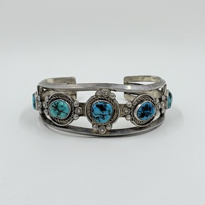 Vintage Navajo Turquoise Sterling Silver Cuff Bracelet Signed ''K'' Adjustable Fit