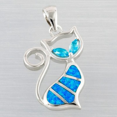 Cat Simulated Blue Topaz Eyes Blue Fire Opal Silver Jewelry Necklace Pendant