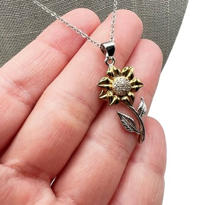 Silver & Gold Tone Sunflower Pave Rhinestone Cable Chain Necklace 16-18  Gift