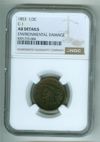 U.S. 1853 C-1 BRAIDED HEAD HALF CENT NGC AU DETAILS ENVIRONMENTAL DAMAGE