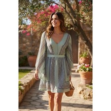 BCBGMAXAZRIA Womens Mini Dress V Neck Long Sleeve Sheer Boho Size XXS