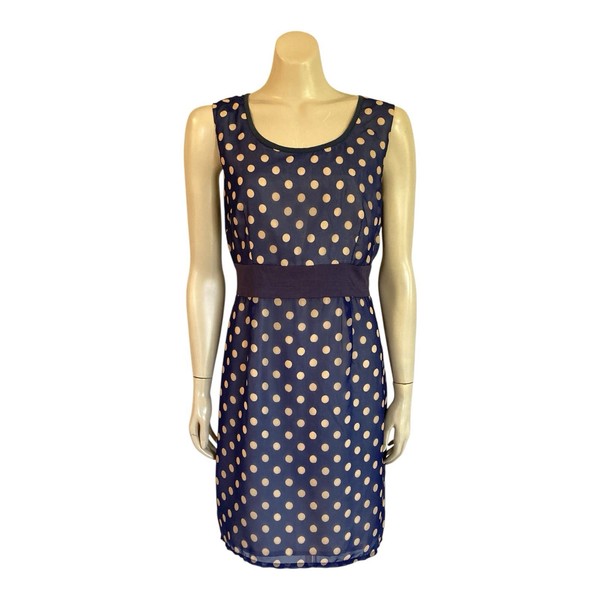 Fever London Chiffon Shift Dress Sz 16 Satin Lined Round Neck Blue Gold PolkaDot
