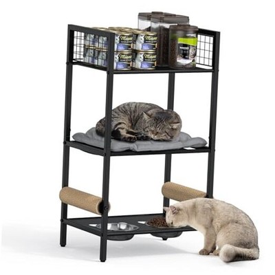 4in1 Cat Furniture Stand with Cat Scratching Post, Cat Food Bowls, Cats Bed 