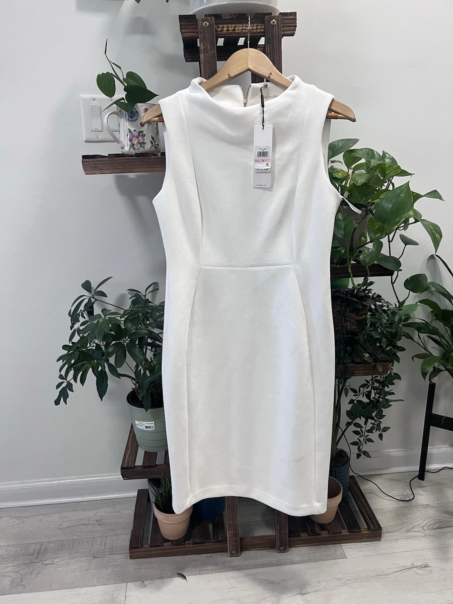 calvin klein round neck sleeveless illusion hem crepe a-line dress Kiara Keyhole Open Back Mini Dress