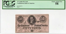 T-72 PF-1 1864 $0.50 Confederate Paper Money - PCGS-C Choice About New 58