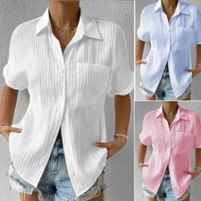 New Women Button Down Tops Summer Ladies Tunic Shirts Short Sleeve Blouse