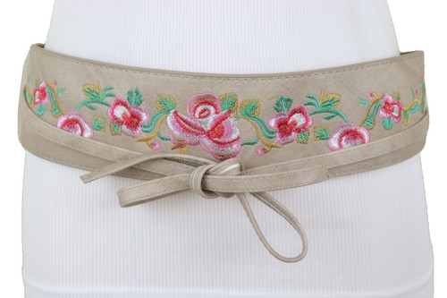 Mujer Beige Piel Sintética Envuelva Cinturón Rosa Roja Colorido Bordado Flor S M - Imagen 6 de 12
