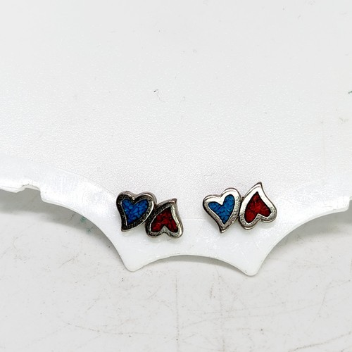 Orecchini Vintage Southwestern Rosso Corallo Chip Blu Turchese Intarsiato Cuore Traforato Borchia - Foto 2 di 4