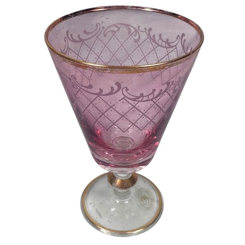 Vintage J Preziosi Lavorato A Mano Goblet Glass 6” Cranberry Pink & Gold Trim - Picture 2 of 10