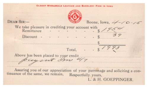 ADV Credit Memo BOONE IA L.&H. Goeppinger Wholesale Leather Saddlery Posted 1915 - Picture 1 of 2
