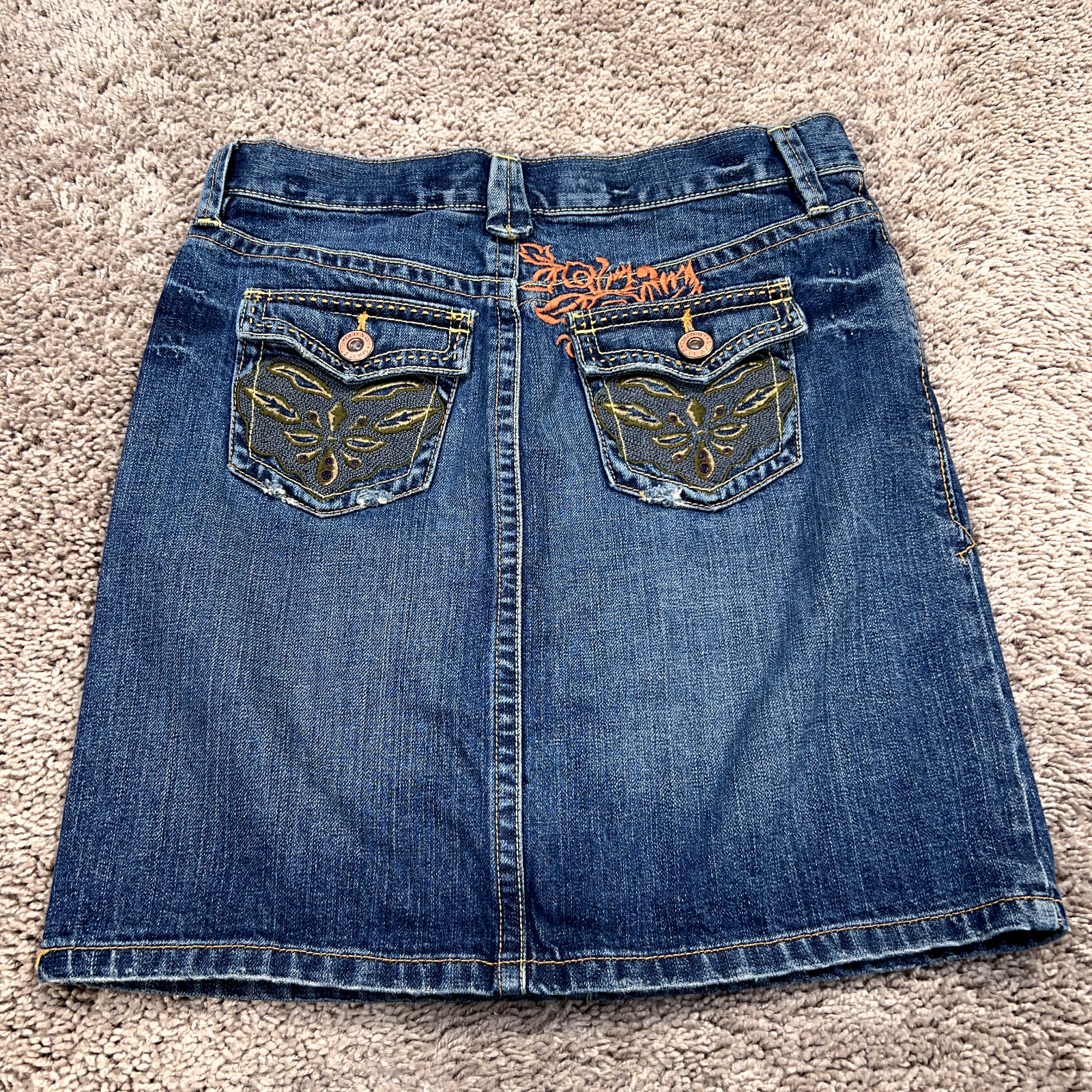 Vintage Old Navy Skirt Womens 0 Blue Jean Distressed Embroidered Flap Pocket Y2K