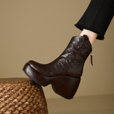 Womens Fashion Sheepskin Round Toe Zipper Platform Wedge Ankle Boots Shoes  | eBay