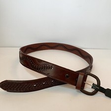 Embossed Brown Leather Belt Made In Mexico Braided Hand Tooled Sz 38