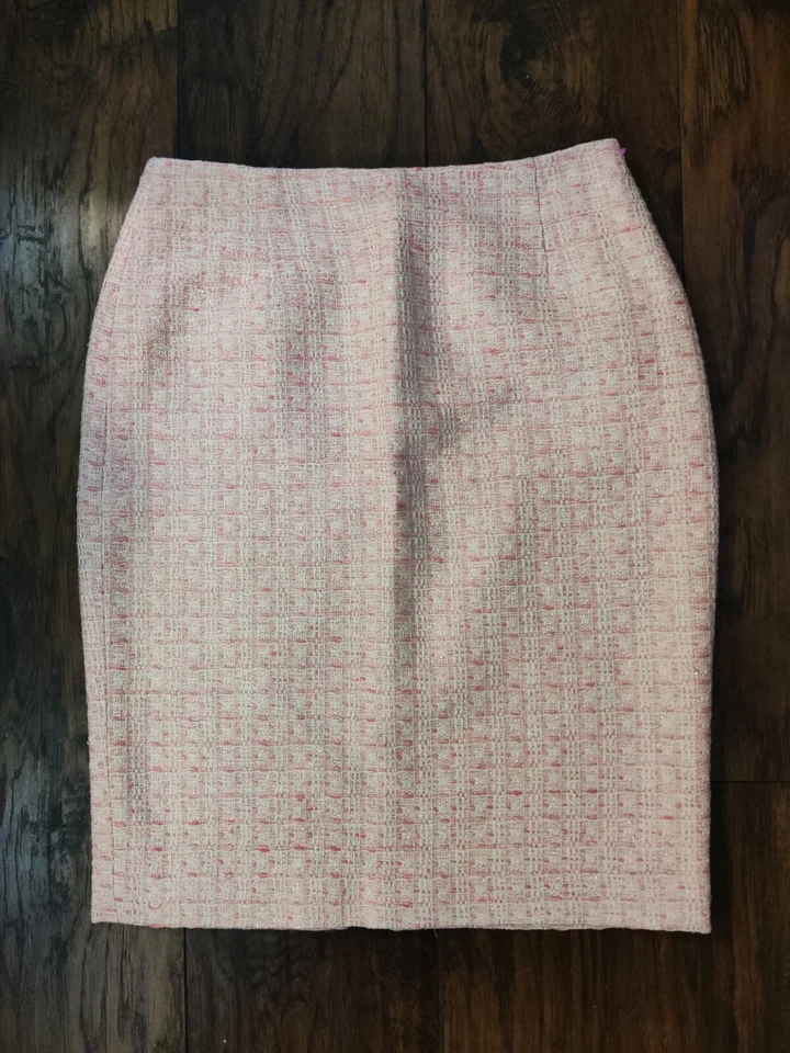 Chaqueta y falda de tweed de seda rosa Maggy L para mujer talla 6. Cintura: 27 pulgadas P-T-P: 18,5 pulgadas Foto 4 de 4
