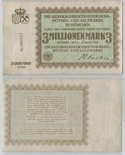 3 Million Mark Banknote Munich Berg, Hütten und Salzwerke 14.08.1923 (153800)