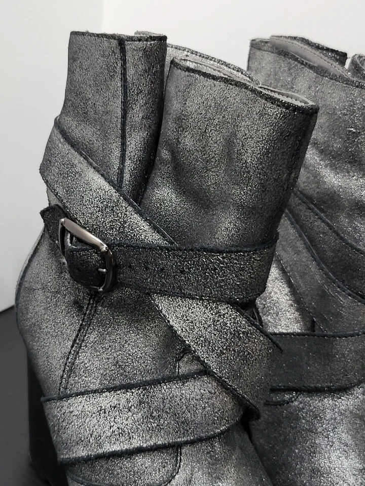 Botas de cuña Colin Stuart cuero envejecido plata negro gris correas hebilla talla 6 Foto 4 de 4